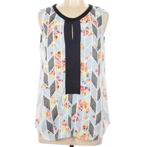 CAbi Color Block Blue Sleeveless Blouse Ribbon S